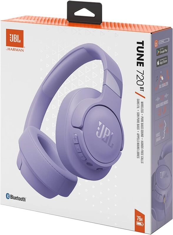 JBL Tune 720BT Wireless Over-Ear Headphones, Pure Bass Sound, Bluetooth 5.3, 76H Battery, Hands-Free Call, Multi-Point Connection, Foldable, Detachable Audio Cable - Purple, JBLT720BTPUR